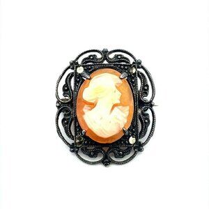 VTG Estate Sterling Silver Carved Cameo Ornate‎ Brooch! 138